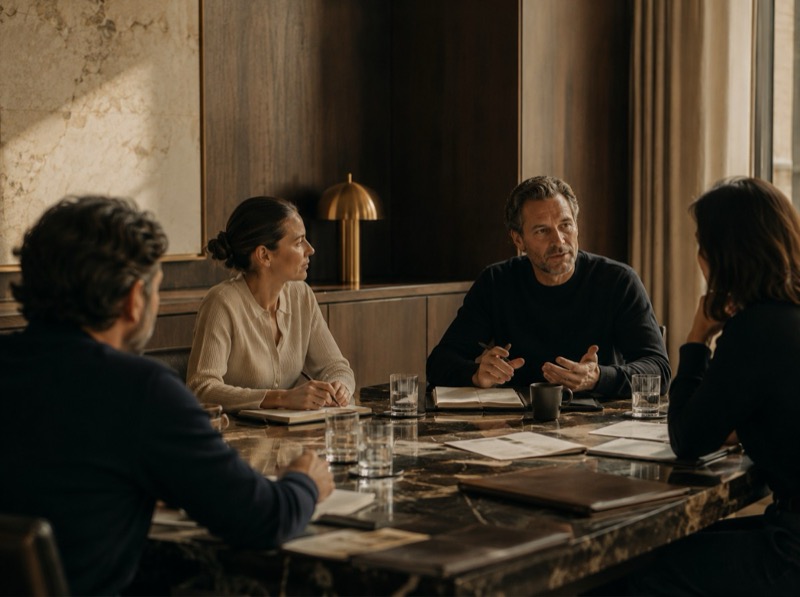 Hotel professionals — GM, revenue manager, ownership group — in conversation in a sophisticated meeting room. The kind of decision-makers Pragmatik's clients sell into.
